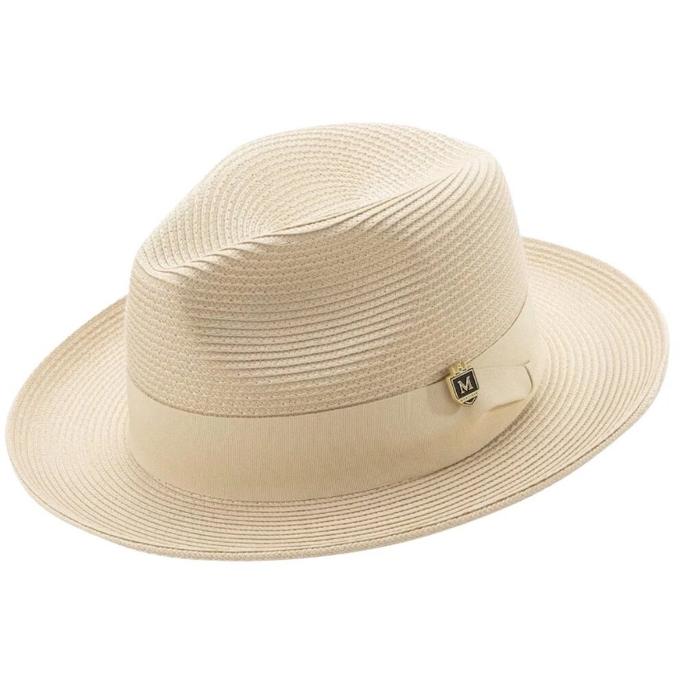 MONTIQUE BEIGE Braided Wide Brim Pinch Fedora Matching Grosgrain Ribbon Hat  H42
